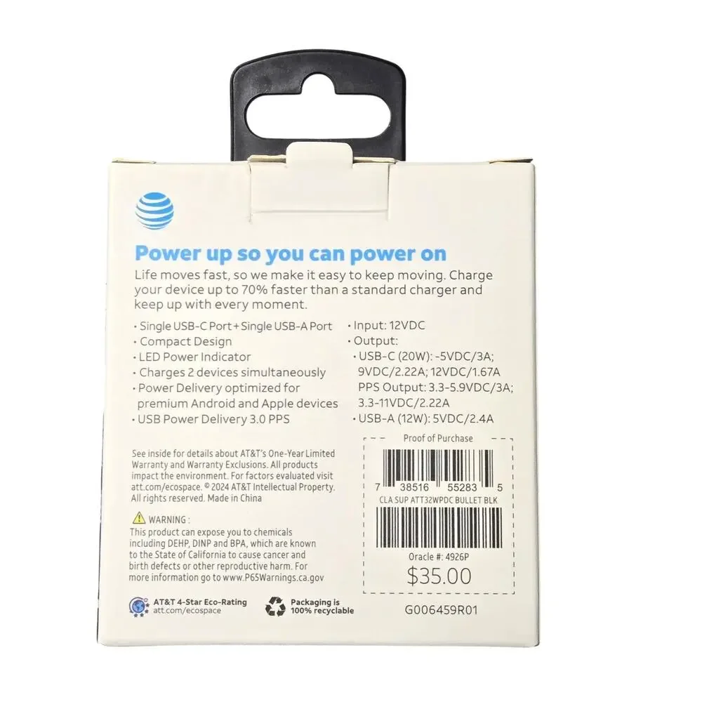 AT&T Dual Port 32W Power Delivery Bullet Car Charger